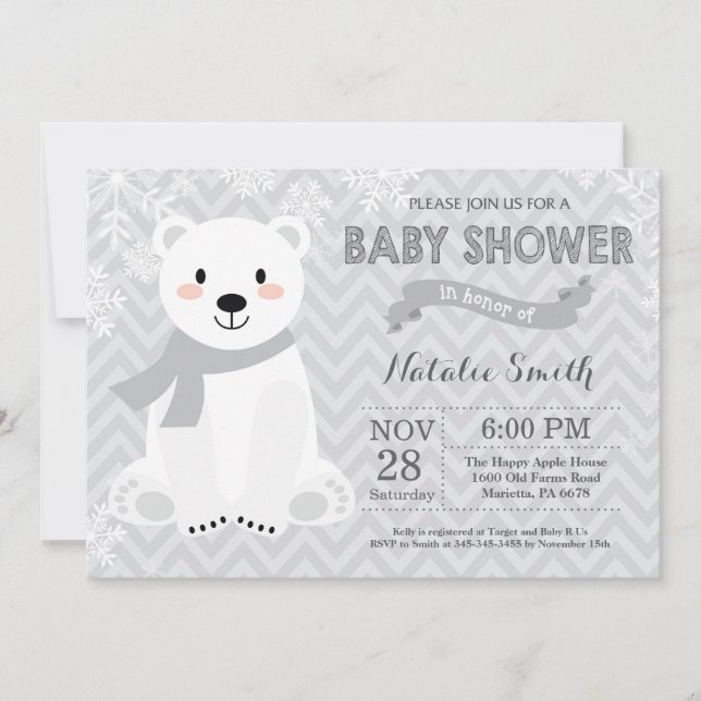 Winter Grey Polar Bear Baby Shower Invitation (Front)
