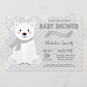 Winter Grey Polar Bear Baby Shower Invitation