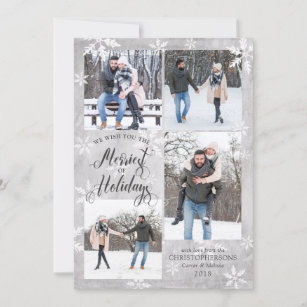 Winter Grey Snowflake Overlay Four Photos Holiday Card