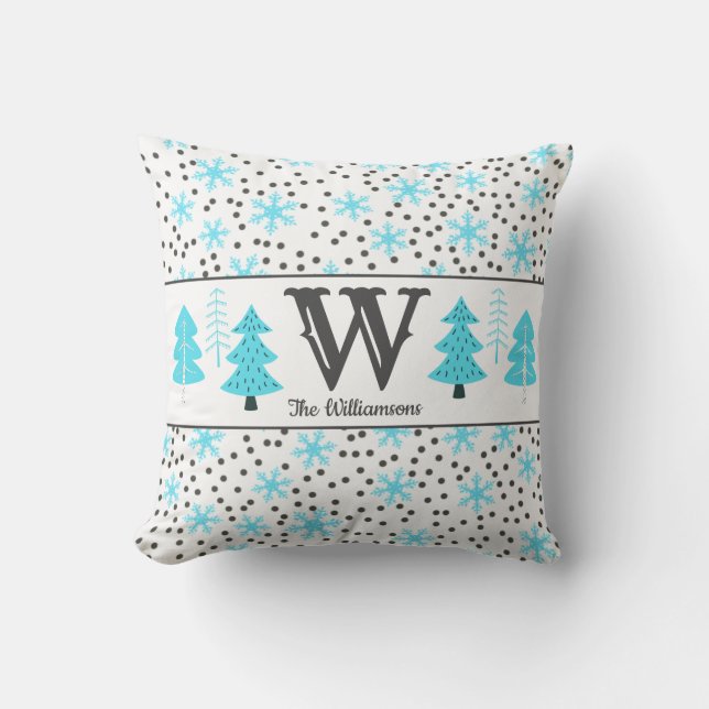 Winter Grey Teal Trees Snowflakes Dots Monogram Cushion (Front)