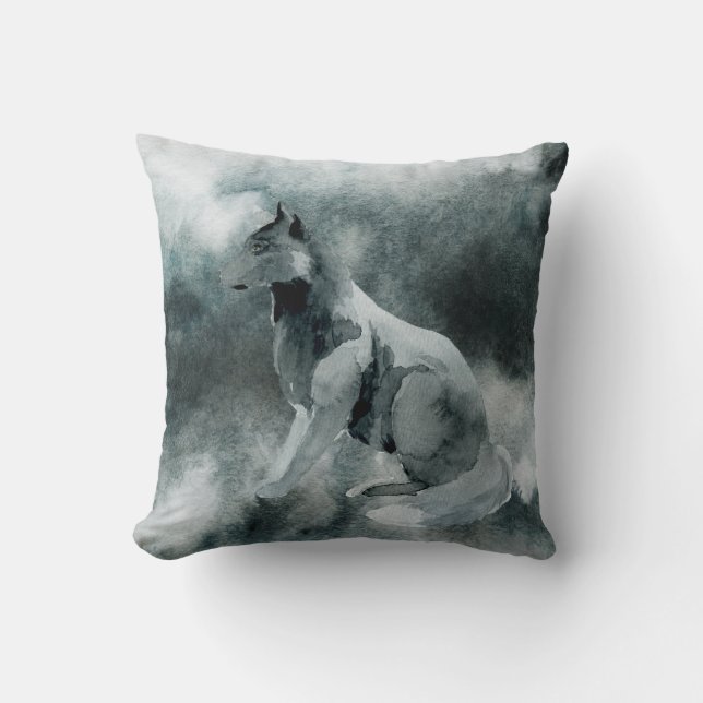 Winter Grey Wolf Pup Throw Pillow (Front)