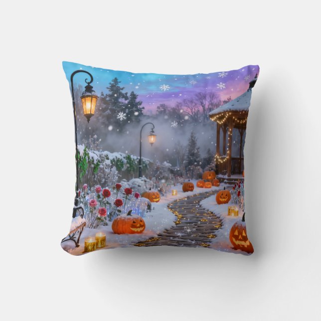 Winter Halloween Garden Throw Pillow (Front)