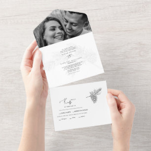 Winter Hand-Drawn Foliage Two Photo Wedding All In One Invitation