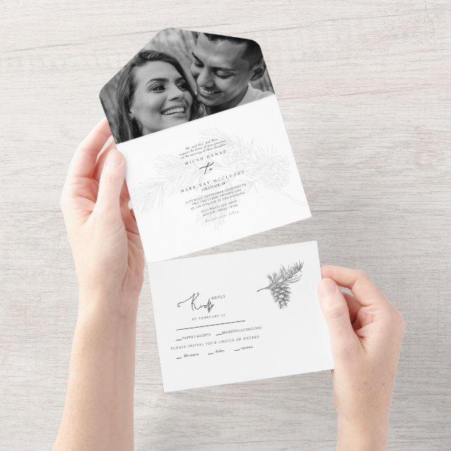 Winter Hand-Drawn Foliage Two Photo Wedding All In One Invitation (Tearaway)