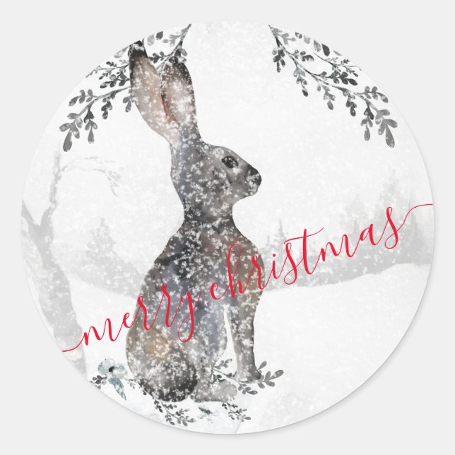 Winter Hare Rabbit Snowy Woodland Scene Classic Round Sticker (Front)