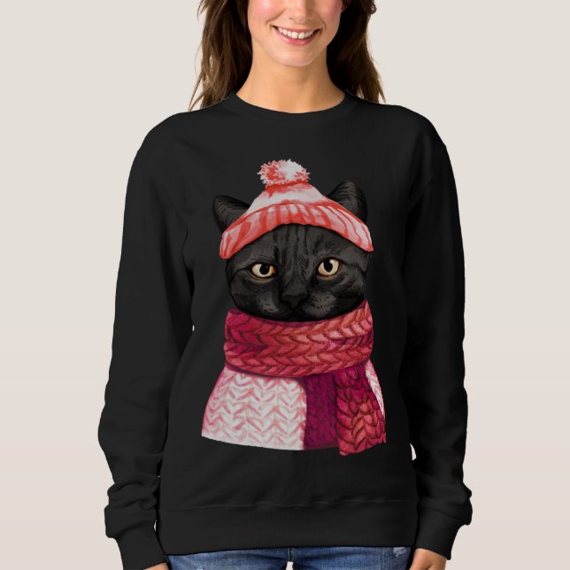 Winter Hat And Shawl Black Cat For Kitten Sweatshirt (Front)