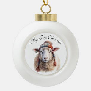 Winter Hat Christmas Sheep Custom Text Ceramic Ball Christmas Ornament
