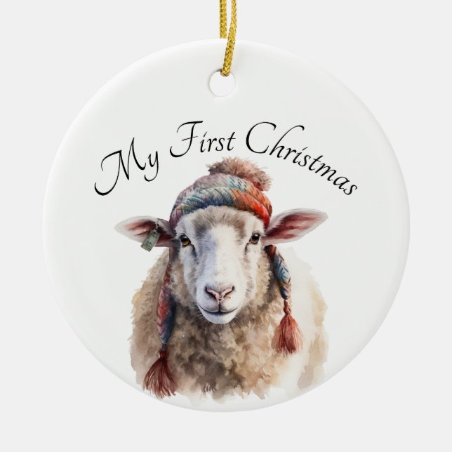 Winter Hat Christmas Sheep Custom Text Ceramic Ornament (Front)