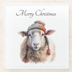 Winter Hat Christmas Sheep Custom Text Glass Coaster