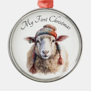 Winter Hat Christmas Sheep Custom Text Metal Ornament