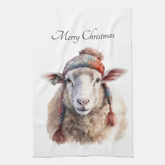 Winter Hat Christmas Sheep Custom Text Tea Towel (Vertical)