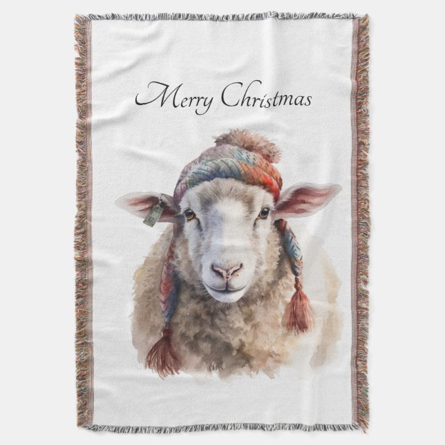 Winter Hat Christmas Sheep Custom Text Throw Blanket (Front Vertical)