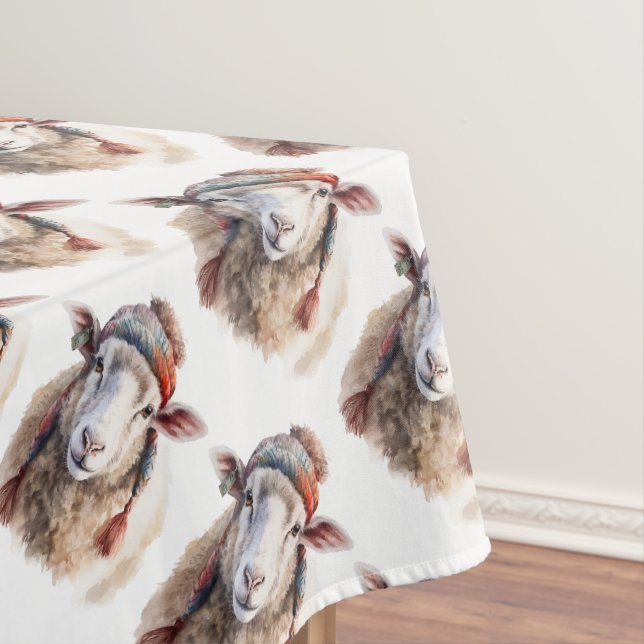 Winter Hat Christmas Sheep Repeating Pattern Tablecloth (In Situ)