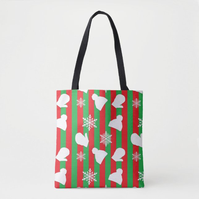 Winter Hats, Christmas Mittens and White Snowflake Tote Bag (Front)