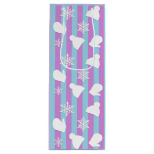 Winter Hats, Christmas Mittens, White Snowflakes Wine Gift Bag