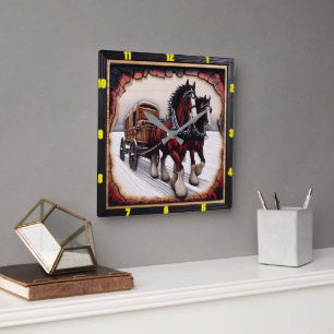 Winter Haul: Personalised Charred Wood Clydesdale Square Wall Clock