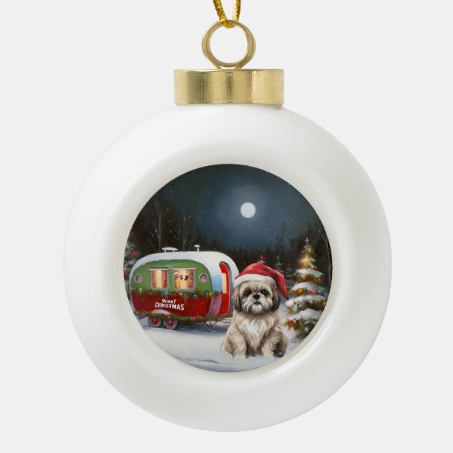 Winter Havanese Caravan Christmas Adventure Ceramic Ball Christmas Ornament (Front)