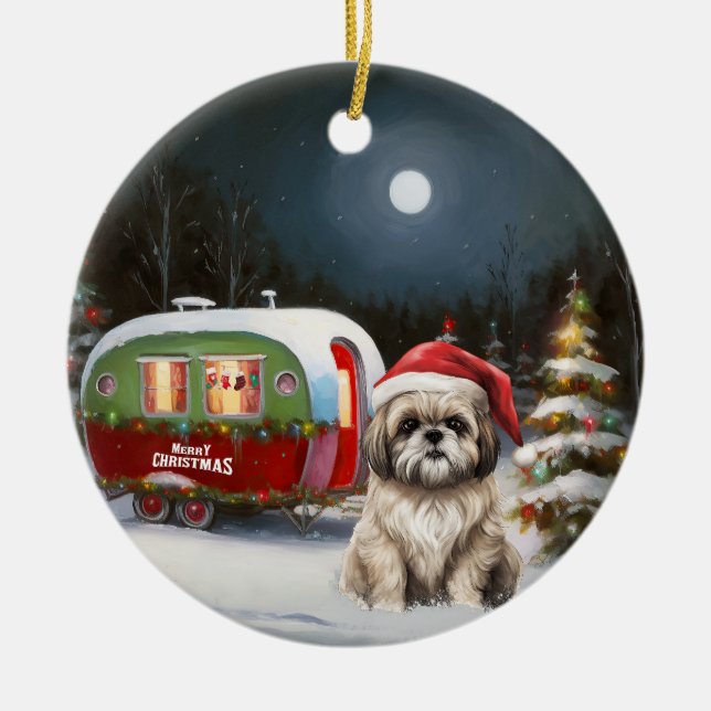 Winter Havanese Caravan Christmas Adventure Ceramic Ornament (Front)