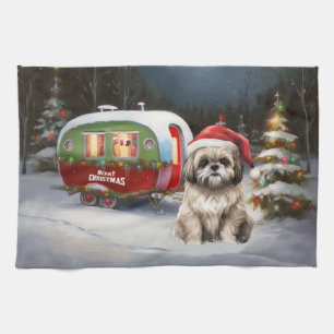 Winter Havanese Caravan Christmas Adventure Tea Towel