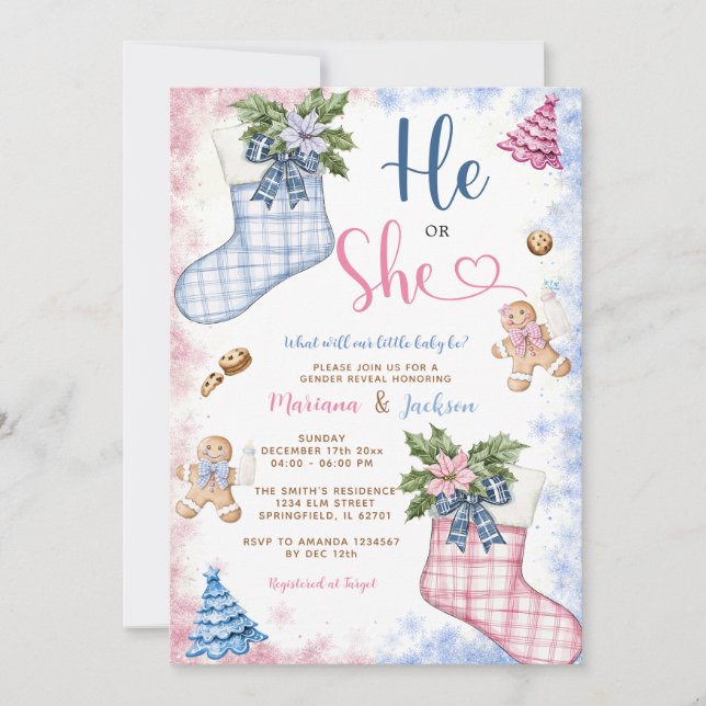 Winter He or She Santa Socks Cookies Gender Reveal Invitation (Front)