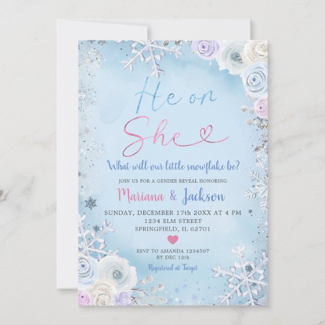 Winter He or She Snowflake Christmas Gender Reveal Invitation (Front)