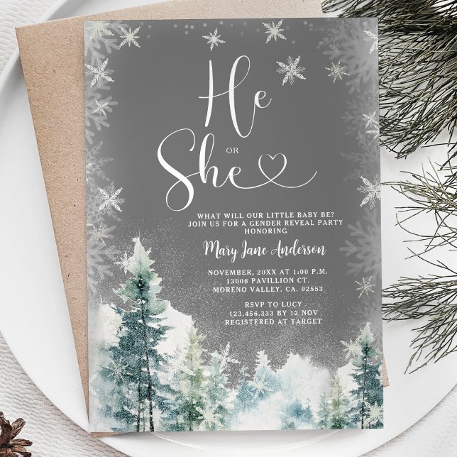 Winter He or She White Snowflakes Gender Reveal Invitation (Creator Uploaded)