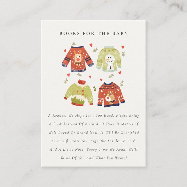 Winter Hearts Ugly Sweater Books For Baby Shower Enclosure Card (Front)