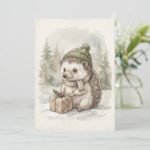 Winter Hedgehog Vintage Woodland Watercolor Forest