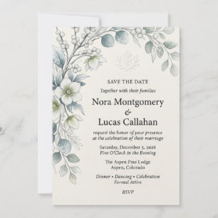 Winter Hellebore, Berries, and Eucalyptus Watercol Invitation