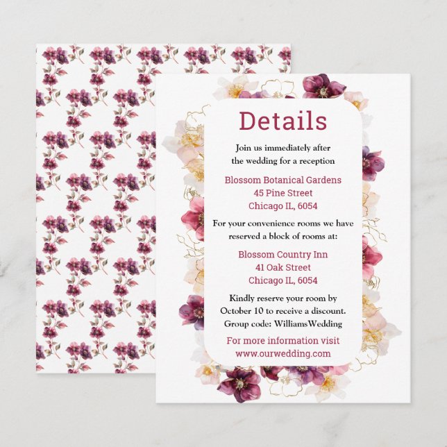 Winter Hellebore Floral Burgundy Wedding Details Enclosure Card (Front/Back)