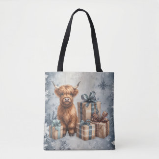 Winter Highland Cow Blue Gifts Tote Bag