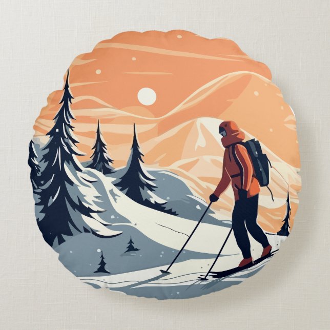 Winter Hiker Mountain Scene Round Cushion (Front)