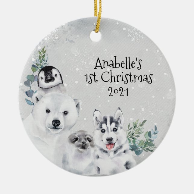 Winter Holiday Arctic Animal 1st Christmas  Ceramic Ornament (Front)