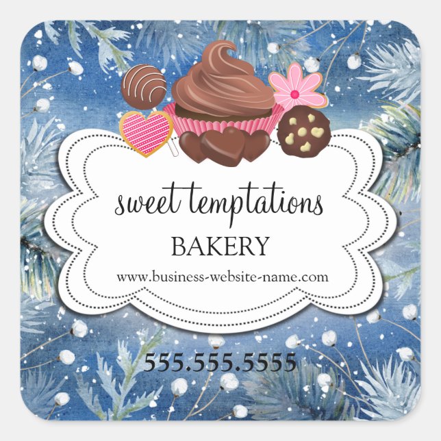 Winter Holiday Assorted Desserts Bakery Packaging Square Sticker (Front)
