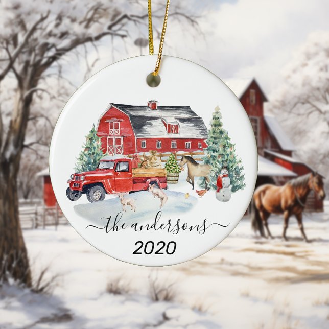 Winter Holiday Barn Farm Animals Handwritten name Ceramic Ornament (Creator Uploaded)