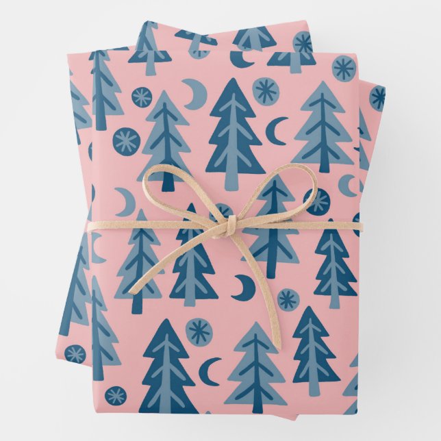 Winter Holiday Blue Pink Trees Pattern Gift Wrapping Paper Sheet (In situ)