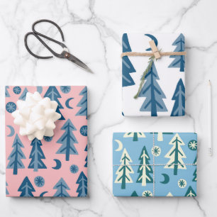 Winter Holiday Blue Trees Patterns Variety Gift Wrapping Paper Sheet
