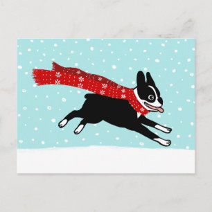 Winter Holiday Boston Terrier Wearing Red Scarf