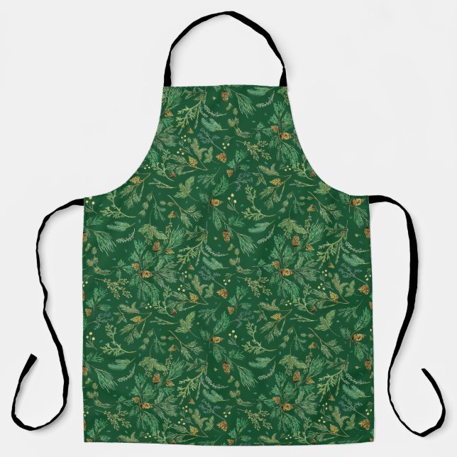 Winter Holiday Botanical Green Apron (Front)