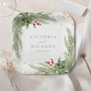 Winter Holiday Botanical Greenery Glitter Wedding Paper Plate