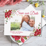 Winter Holiday Burgundy Poinsettia Save the Date<br><div class="desc">Winter Holiday Burgundy Poinsettia Save the Date Announcement card. Beautiful, elegant of poinsettias in watercolor shades of burgundy, red, green your custom text in this winter or christmas themed Save the Date Announcement. The wedding design feature an elegant handwritten typography design with the bride and groom's name and wedding date....</div>