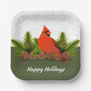 Winter Holiday Cardinal Pinecones and Snowflakes   Paper Plate