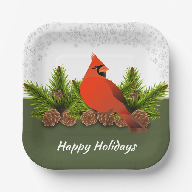 Winter Holiday Cardinal Pinecones and Snowflakes   Paper Plate (Front)