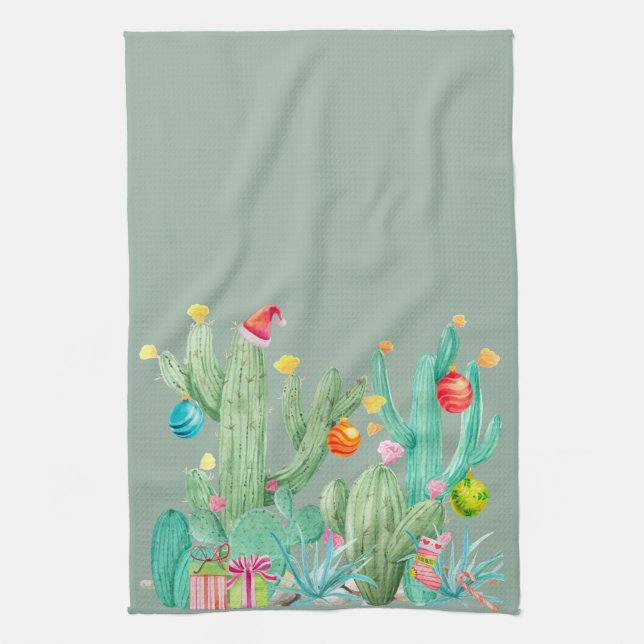 Winter Holiday Christmas Cactus Desert Southwest Tea Towel (Vertical)