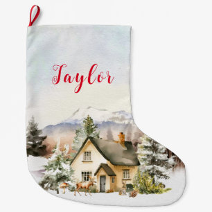 Winter Holiday Christmas Cottage Large Christmas Stocking