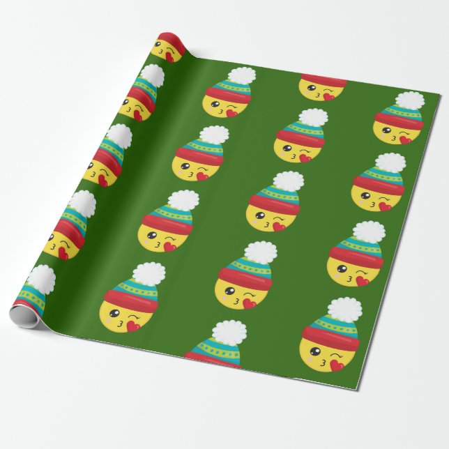 Winter Holiday Christmas Emoji Wrapping Paper (Unrolled)