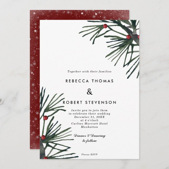 winter holiday christmas pine berry wedding invitation (Front/Back)
