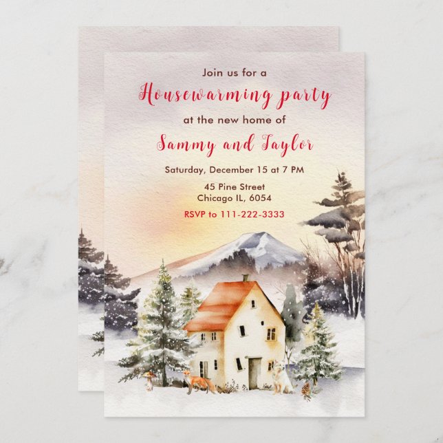 Winter Holiday Cottage Housewarming Party Invitation (Front/Back)