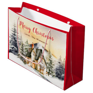 Winter Holiday Cottage Merry Christmas Large Gift Bag