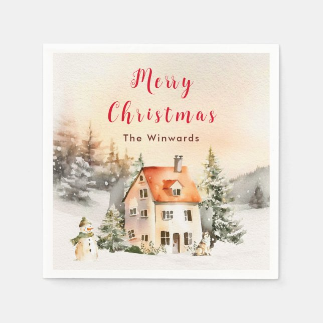 Winter Holiday Cottage Merry Christmas Napkin (Front)